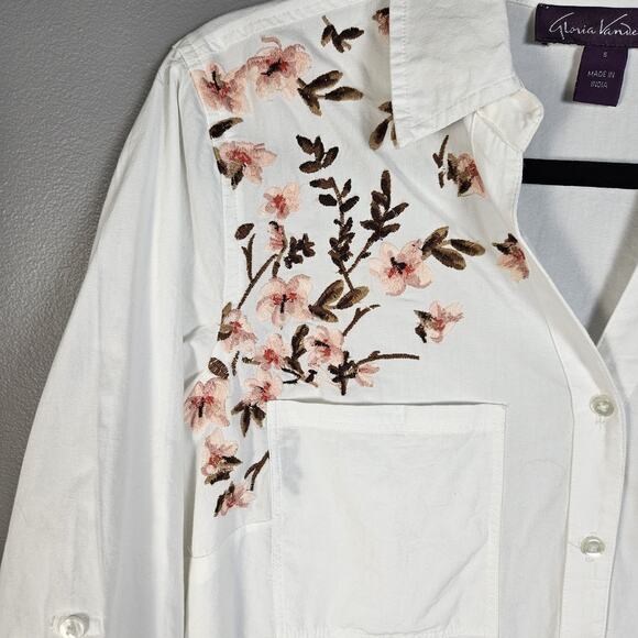 Gloria Vanderbilt Shirt Embroidered Flowers Light Weight Cotton Button Down Sz S - Picture 3 of 8